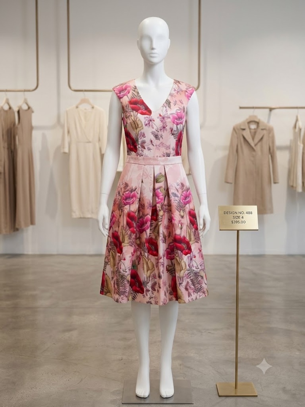 Floral Fit-and-Flare Pink Dress with Red Blooms